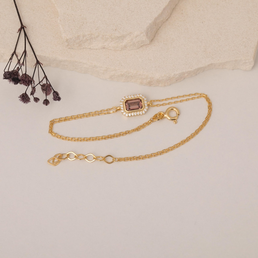 Rectangle Smoky Quartz Bezel Bracelet in 8K/10K/14K Solid Gold Surrounded with Real Diamonds, Birthstone Jewelry