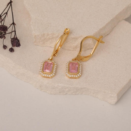 Rectangle Pink Tourmaline Bezel Dangle Earrings in 8K/10K/14K Solid Gold Surrounded with Real Diamonds, October Birthstone Jewelry