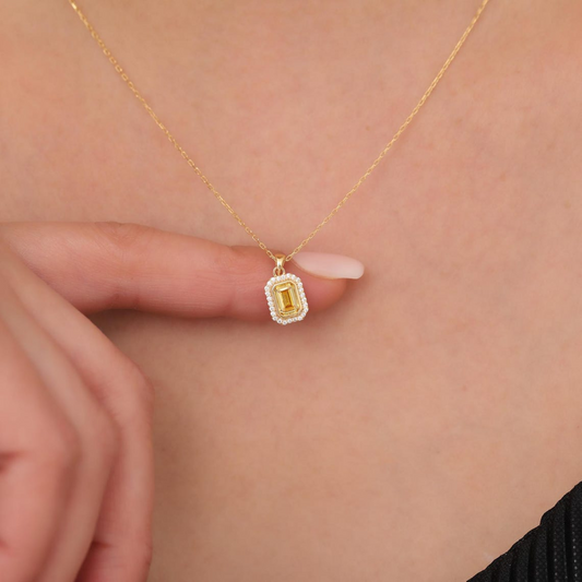 Rectangle Yellow Topaz Bezel Necklace in 8K/10K/14K Solid Gold Surrounded with Real Diamonds, Birthstone Jewelry
