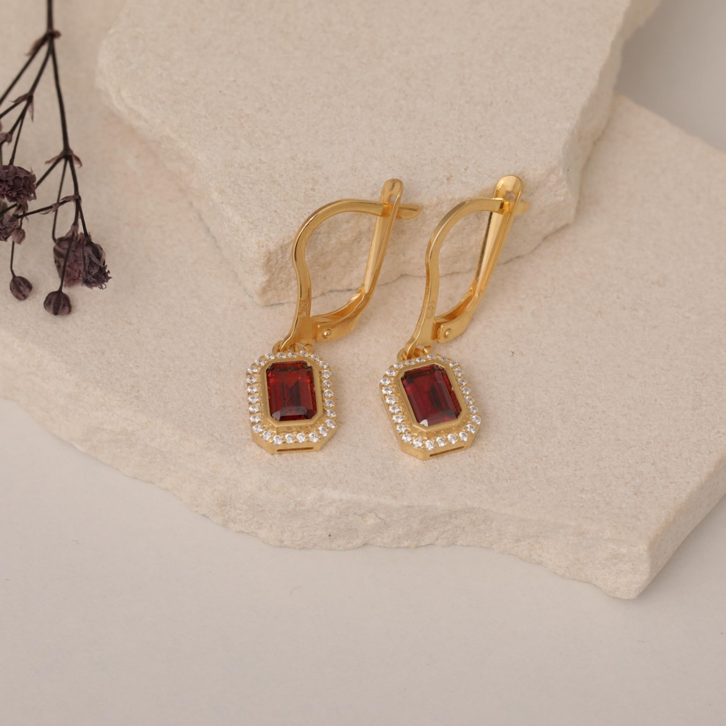 Rectangle Garnet Bezel Dangle Earrings in 8K/10K/14K Solid Gold Surrounded with Real Diamonds, January Birthstone Jewelry