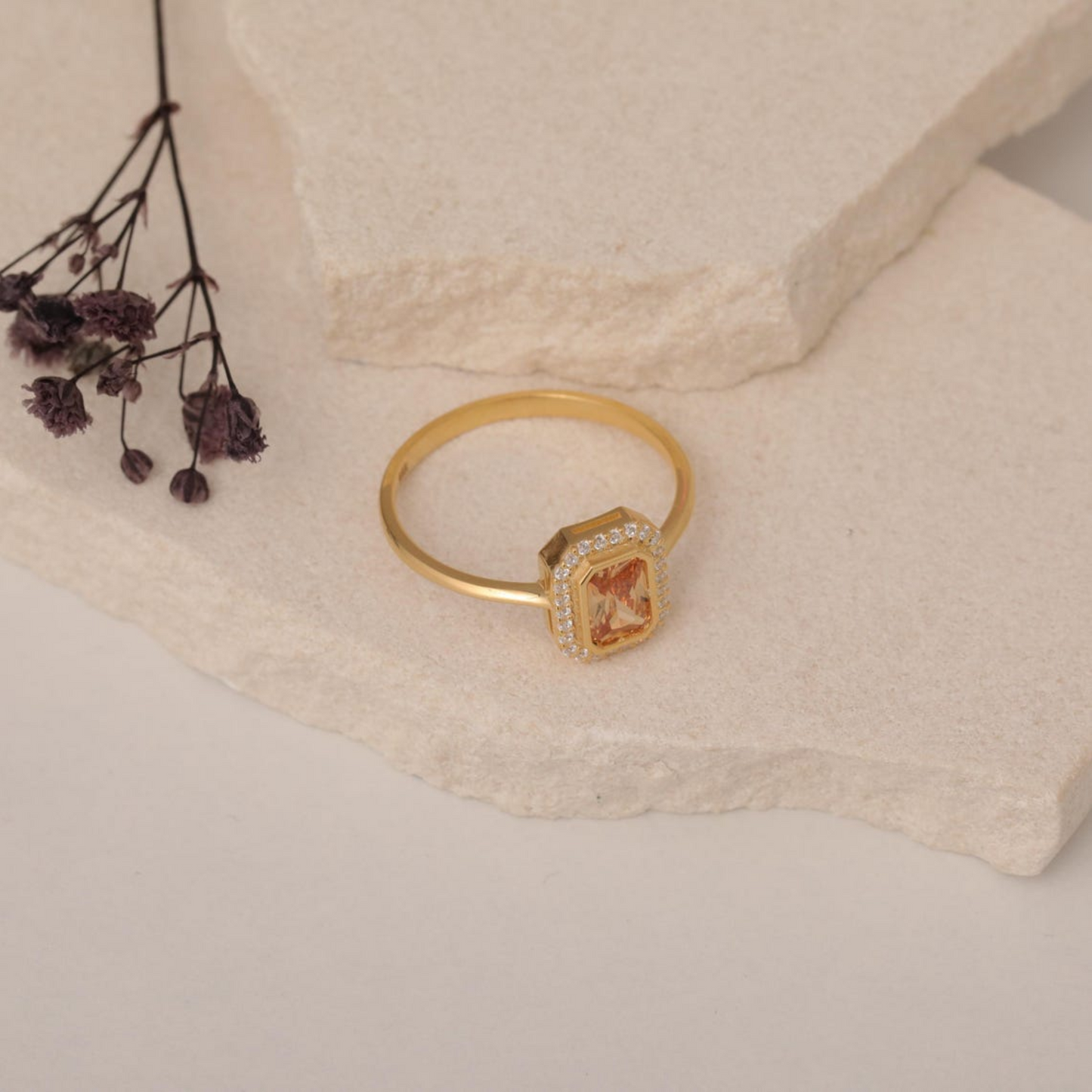 Rectangle Citrine Bezel Ring in 14K Solid Gold Surrounded with Real Diamonds, November Birthstone Jewelry