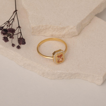 Rectangle Citrine Bezel Ring in 14K Solid Gold Surrounded with Real Diamonds, November Birthstone Jewelry