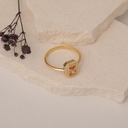 Rectangle Citrine Bezel Ring in 14K Solid Gold Surrounded with Real Diamonds, November Birthstone Jewelry