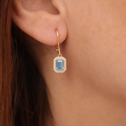 Rectangle Blue Topaz Bezel Dangle Earrings in 8K/10K/14K Solid Gold Surrounded with Real Diamonds, December Birthstone Jewelry