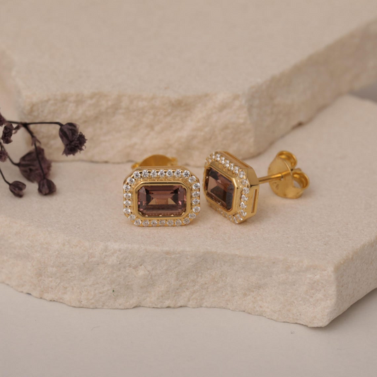 Rectangle Smoky Quartz Bezel Stud Earrings in 10K/14K Solid Gold Surrounded with Real Diamonds, Birthstone Jewelry
