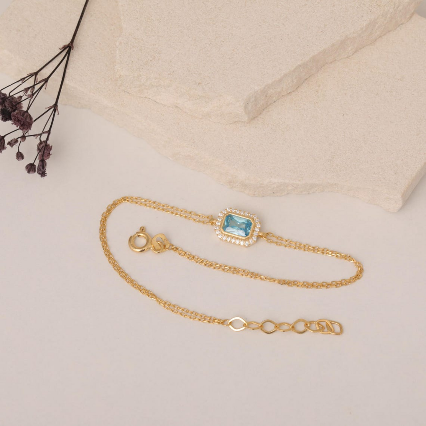Rectangle Aquamarine Bezel Bracelet in 8K/10K/14K Solid Gold Surrounded with Real Diamonds, March Birthstone Jewelry