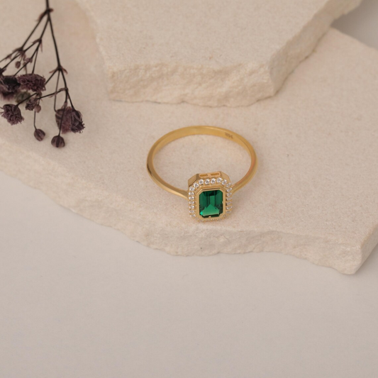 Rectangle Emerald Bezel Ring in 14K Solid Gold Surrounded with Real Diamonds, May Birthstone Jewelry