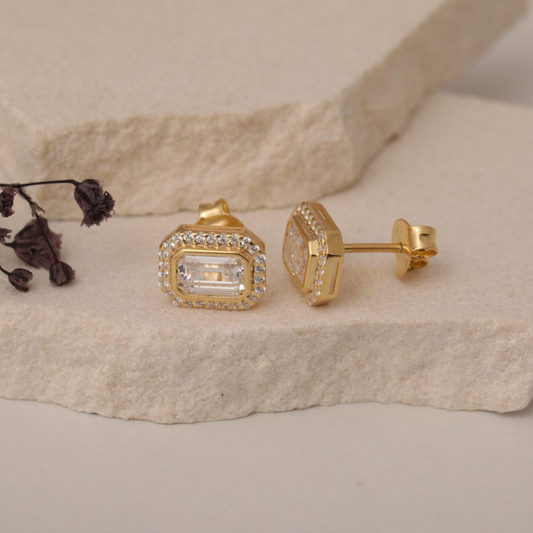 Rectangle White Topaz Bezel Stud Earrings in 10K/14K Solid Gold Surrounded with Real Diamonds, April Birthstone Jewelry