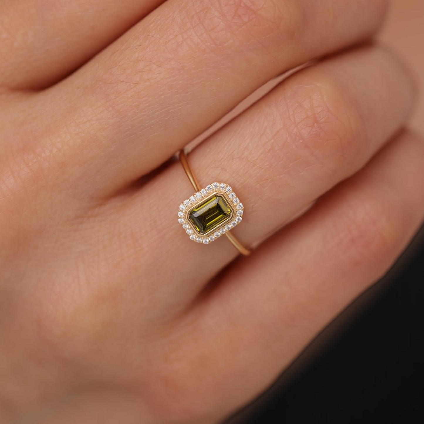 Rectangle Peridot Bezel Ring in 14K Solid Gold Surrounded with Real Diamonds, August Birthstone Jewelry