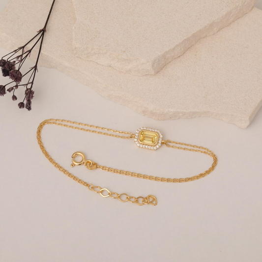 Rectangle Yellow Topaz Bezel Bracelet in 8K/10K/14K Solid Gold Surrounded with Real Diamonds, March Birthstone Jewelry