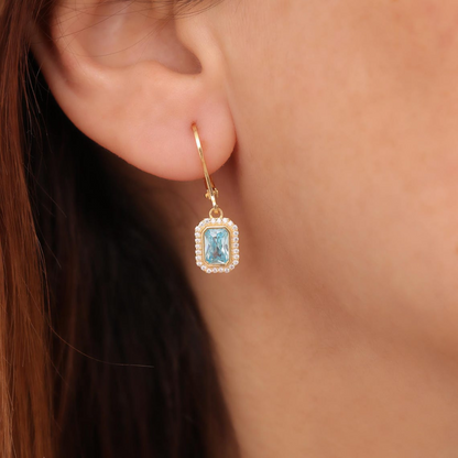 Rectangle Aquamarine Bezel Dangle Earrings in 8K/10K/14K Solid Gold Surrounded with Real Diamonds, March Birthstone Jewelry