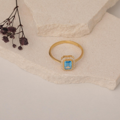Rectangle Blue Topaz Bezel Ring in 14K Solid Gold Surrounded with Real Diamonds, December Birthstone Jewelry