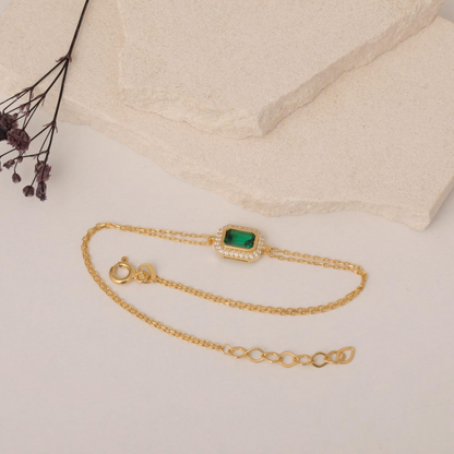 Rectangle Emerald Bezel Bracelet in 8K/10K/14K Solid Gold Surrounded with Real Diamonds, May Birthstone Jewelry