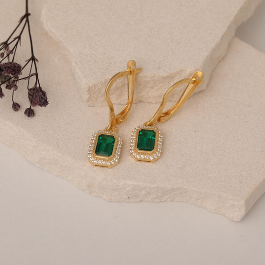 Rectangle Emerald Bezel Dangle Earrings in 8K/10K/14K Solid Gold Surrounded with Real Diamonds, May Birthstone Jewelry