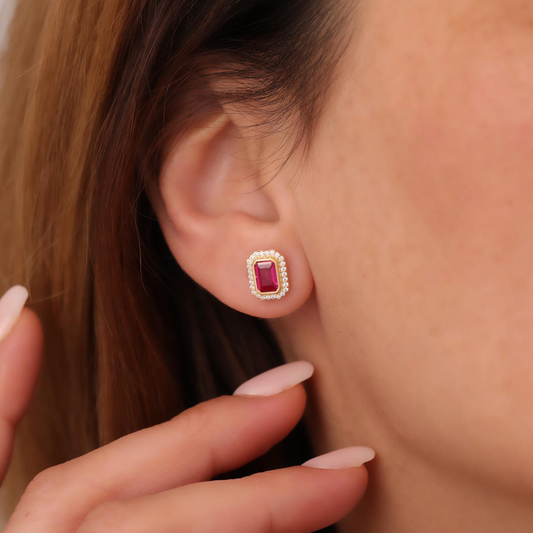 Rectangle Ruby Bezel Stud Earrings in 10K/14K Solid Gold Surrounded with Real Diamonds, July  Birthstone Jewelry