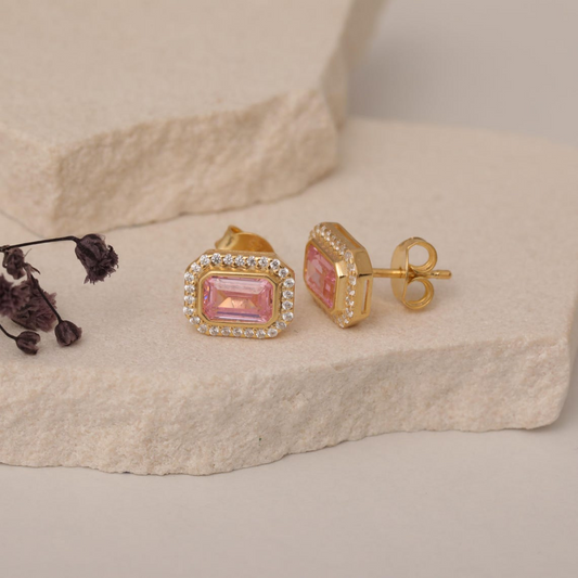 Rectangle Pink Tourmaline Bezel Stud Earrings in 10K/14K Solid Gold Surrounded with Real Diamonds, October Birthstone Jewelry