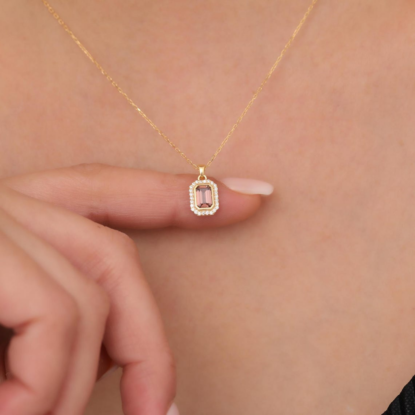 Rectangle Smoky Quartz Bezel Necklace in 8K/10K/14K Solid Gold Surrounded with Real Diamonds, Birthstone Jewelry