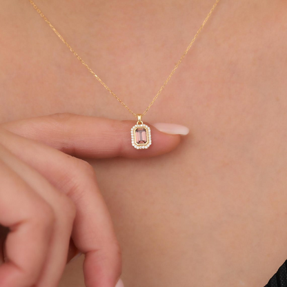 Rectangle Smoky Quartz Bezel Necklace in 8K/10K/14K Solid Gold Surrounded with Real Diamonds, Birthstone Jewelry