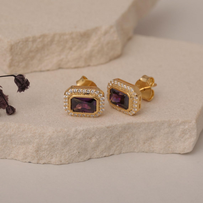 Rectangle Amethyst Bezel Stud Earrings in 10K/14K Solid Gold Surrounded with Real Diamonds, February Birthstone Jewelry