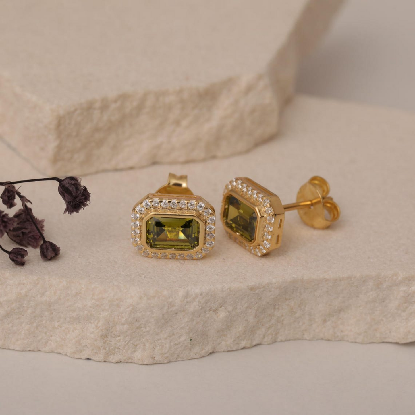 Rectangle Peridot Bezel Stud Earrings in 10K/14K Solid Gold Surrounded with Real Diamonds, August Birthstone Jewelry