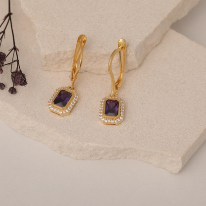 Rectangle Amethyst Bezel Dangle Earrings in 8K/10K/14K Solid Gold Surrounded with Real Diamonds, February Birthstone Jewelry