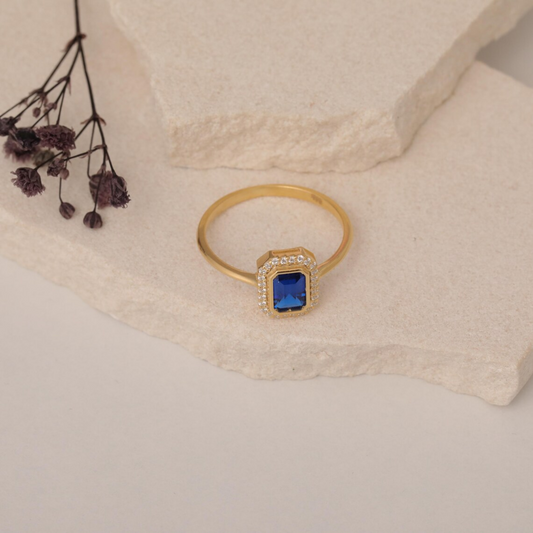 Rectangle Sapphire Bezel Ring in 14K Solid Gold Surrounded with Real Diamonds, September Birthstone Jewelry