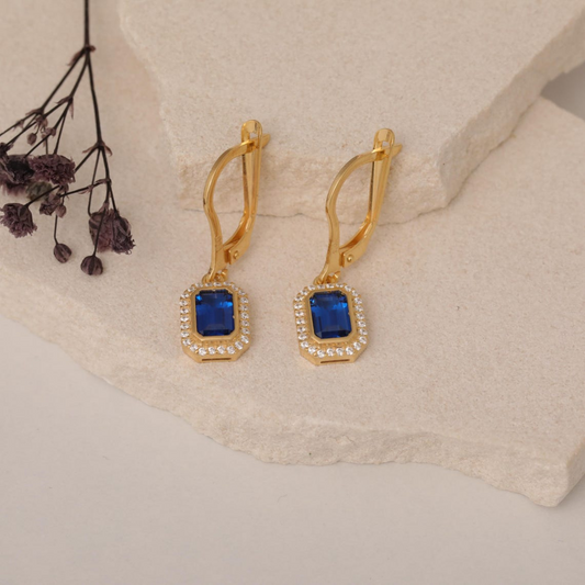 Rectangle Sapphire Bezel Dangle Earrings in 8K/10K/14K Solid Gold Surrounded with Real Diamonds, September Birthstone Jewelry