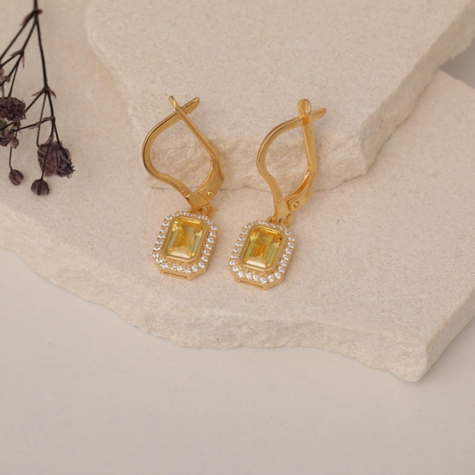 Rectangle Yellow Topaz Bezel Dangle Earrings in 8K/10K/14K Solid Gold Surrounded with Real Diamonds, Birthstone Jewelry