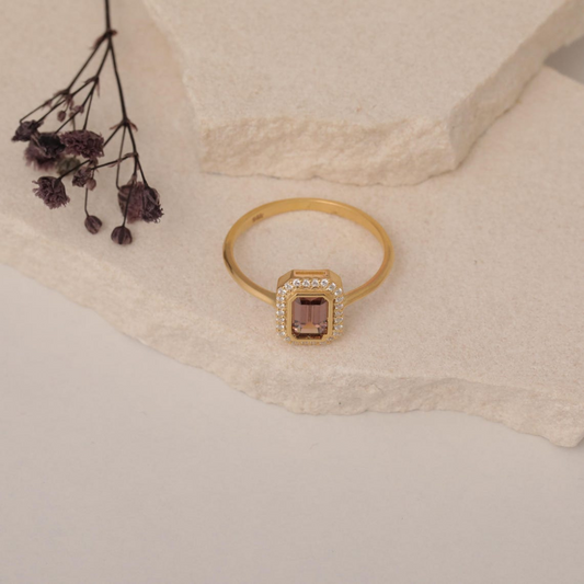 Rectangle Smoky Quartz Bezel Ring in 14K Solid Gold Surrounded with Real Diamonds, Birthstone Jewelry