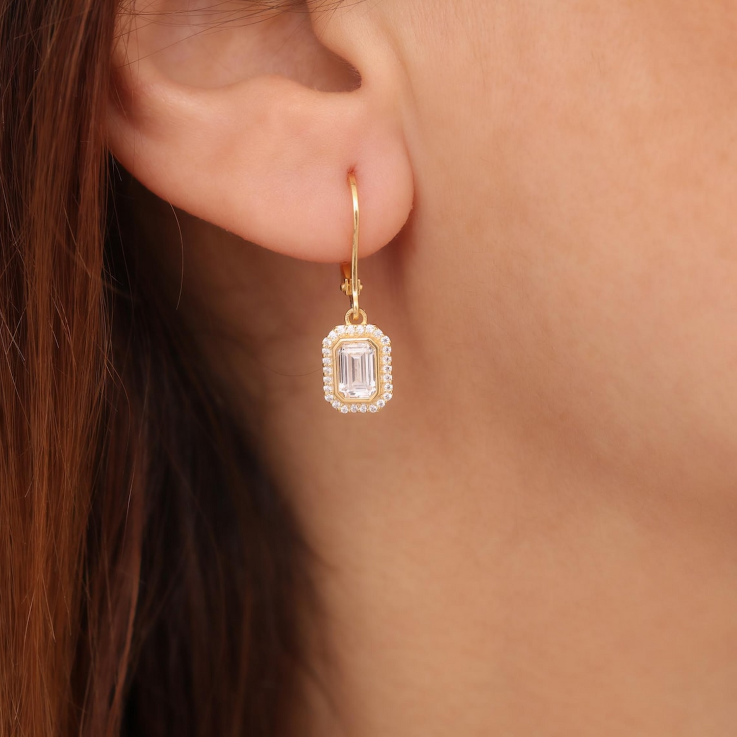 Rectangle White Topaz Bezel Dangle Earrings in 8K/10K/14K Solid Gold Surrounded with Real Diamonds, April Birthstone Jewelry