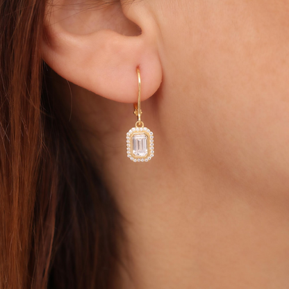 Rectangle White Topaz Bezel Dangle Earrings in 8K/10K/14K Solid Gold Surrounded with Real Diamonds, April Birthstone Jewelry