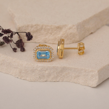 Rectangle Blue Topaz Bezel Stud Earrings in 10K/14K Solid Gold Surrounded with Real Diamonds, December Birthstone Jewelry