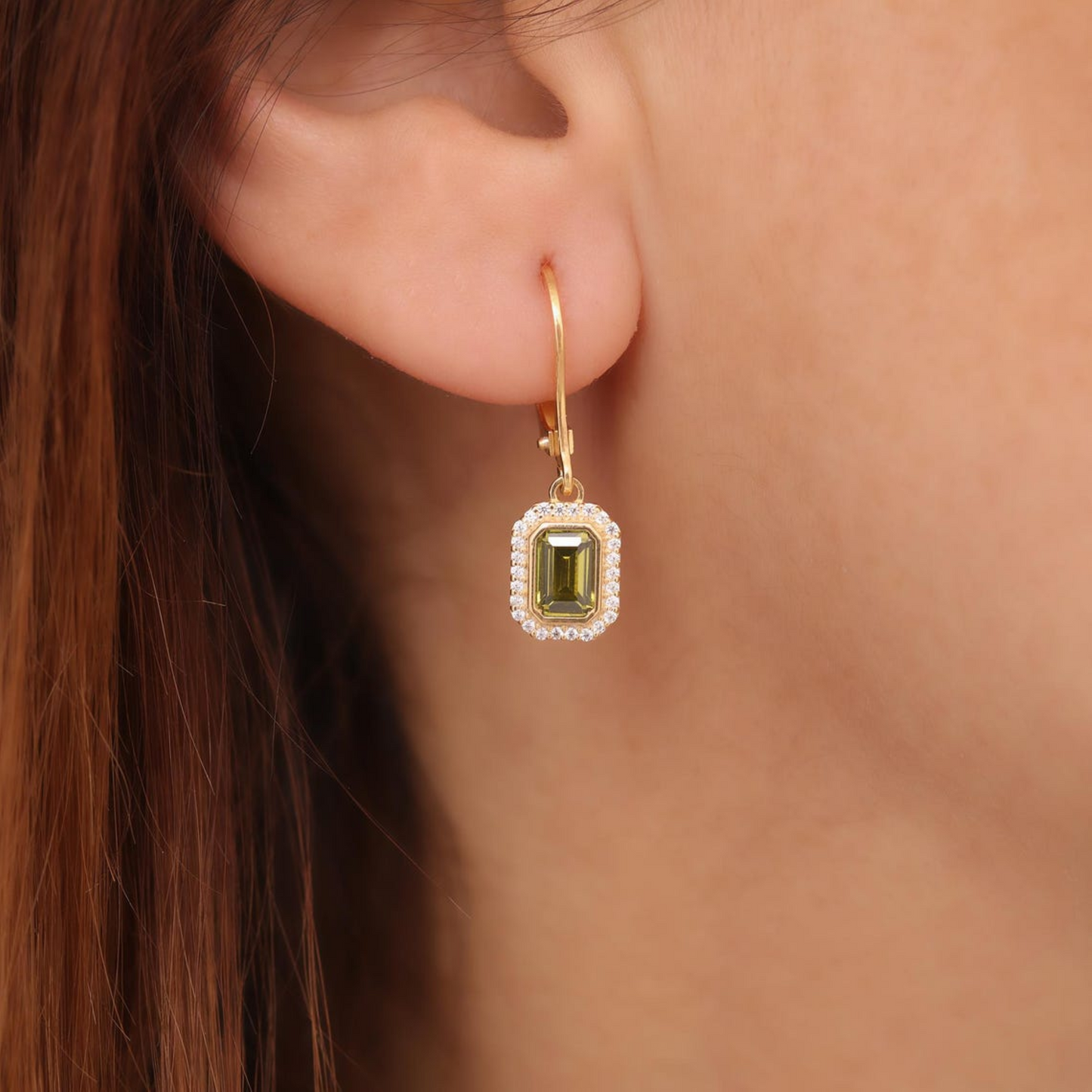 Rectangle Peridot Bezel Dangle Earrings in 8K/10K/14K Solid Gold Surrounded with Real Diamonds, August Birthstone Jewelry