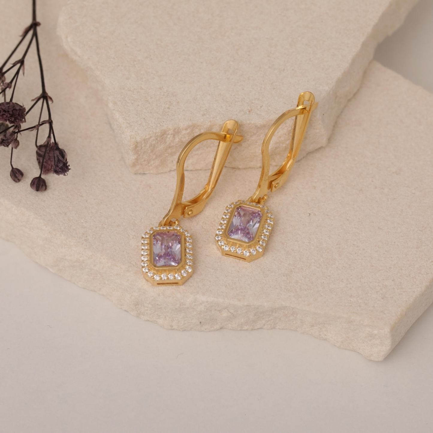 Rectangle Alexandrite Bezel Dangle Earrings in 8K/10K/14K Solid Gold Surrounded with Real Diamonds, June Birthstone Jewelry