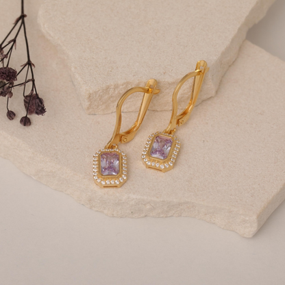 Rectangle Alexandrite Bezel Dangle Earrings in 8K/10K/14K Solid Gold Surrounded with Real Diamonds, June Birthstone Jewelry