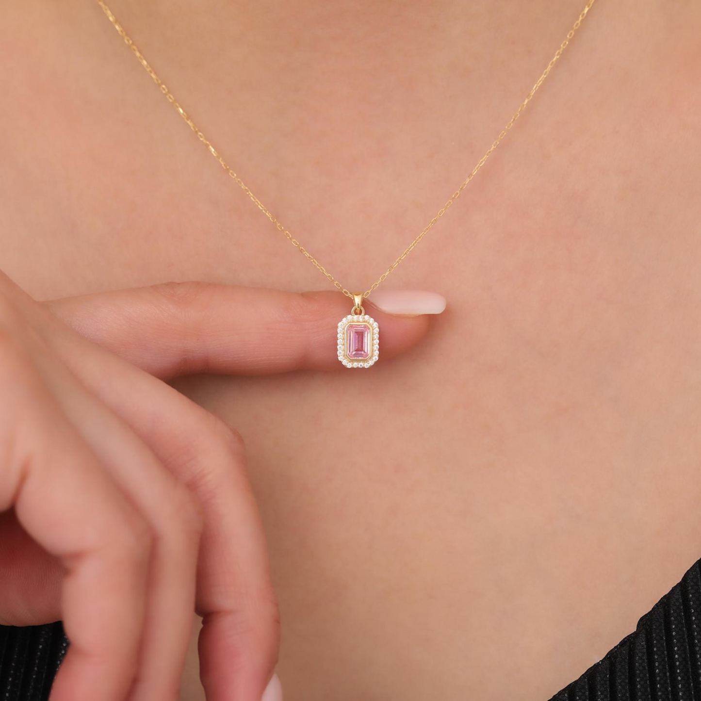 Rectangle Pink Tourmaline Bezel Necklace in 8K/10K/14K Solid Gold Surrounded with Real Diamonds, October Birthstone Jewelry