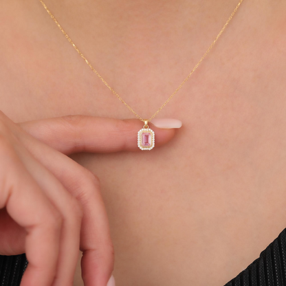 Rectangle Pink Tourmaline Bezel Necklace in 8K/10K/14K Solid Gold Surrounded with Real Diamonds, October Birthstone Jewelry