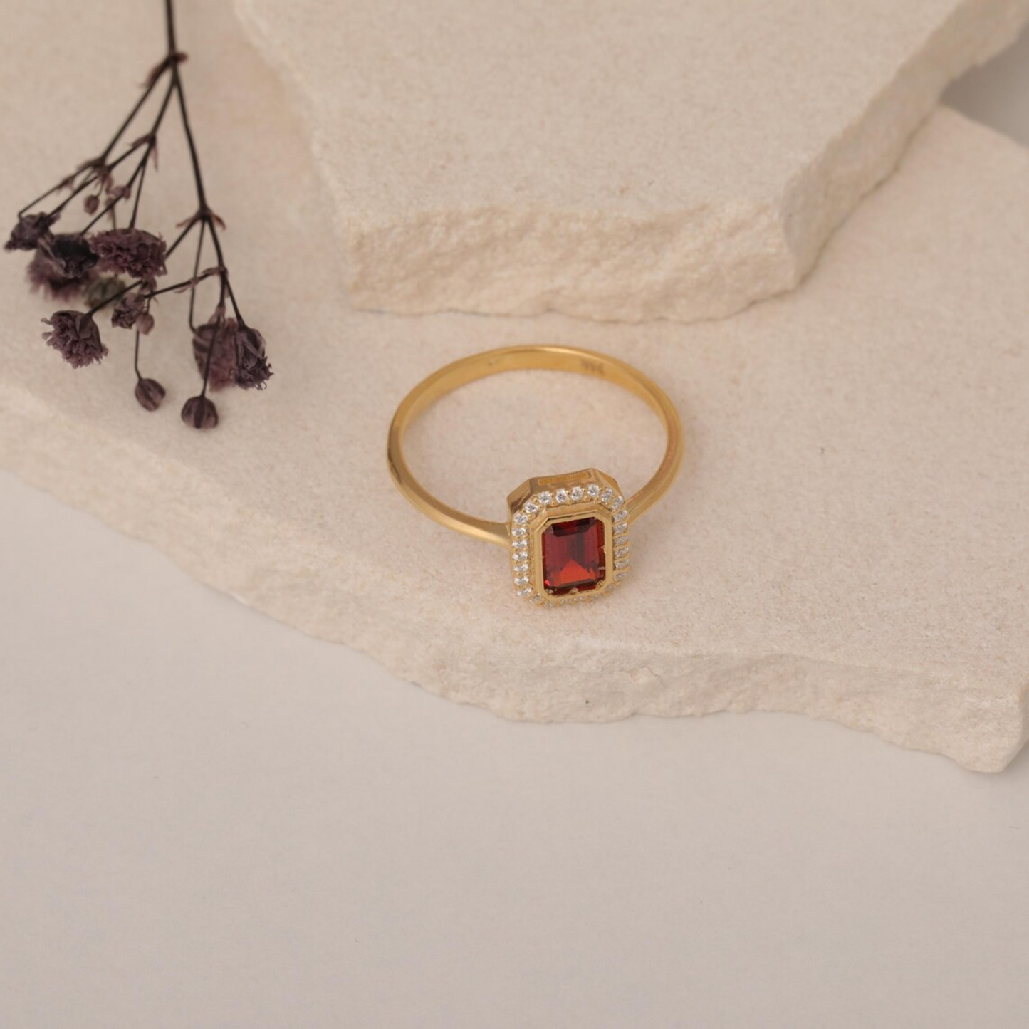 Rectangle Garnet Bezel Ring in 14K Solid Gold Surrounded with Real Diamonds, January Birthstone Jewelry