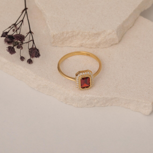 Rectangle Garnet Bezel Ring in 14K Solid Gold Surrounded with Real Diamonds, January Birthstone Jewelry
