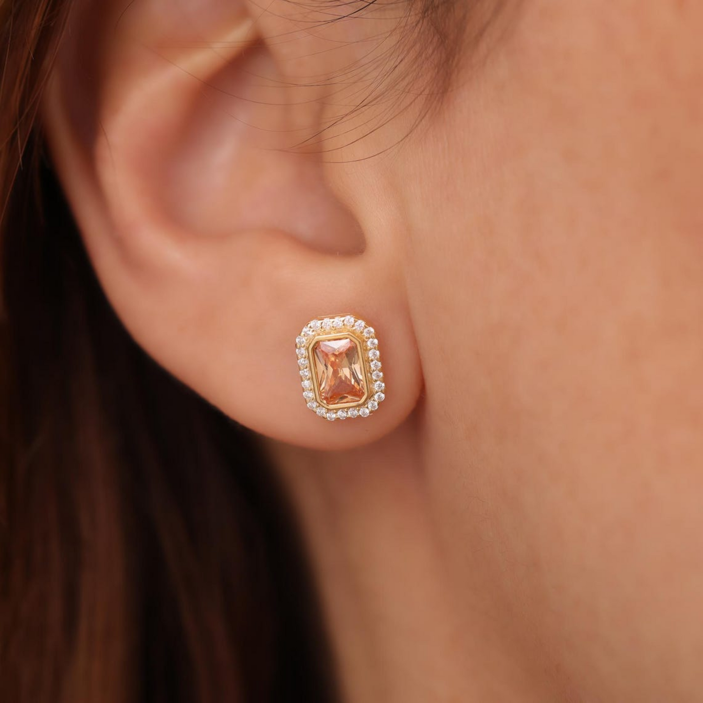 Rectangle Citrine Bezel Stud Earrings in 10K/14K Solid Gold Surrounded with Real Diamonds, November Birthstone Jewelry