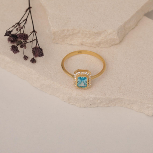 Rectangle Aquamarine Bezel Ring in 14K Solid Gold Surrounded with Real Diamonds, March Birthstone Jewelry
