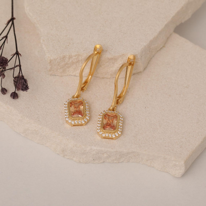 Rectangle Citrine Bezel Dangle Earrings in 8K/10K/14K  Solid Gold Surrounded with Real Diamonds, November Birthstone Jewelry