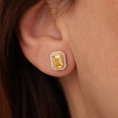 Rectangle Yellow Topaz Bezel Stud Earrings in 10K/14K Solid Gold Surrounded with Real Diamonds, Birthstone Jewelry