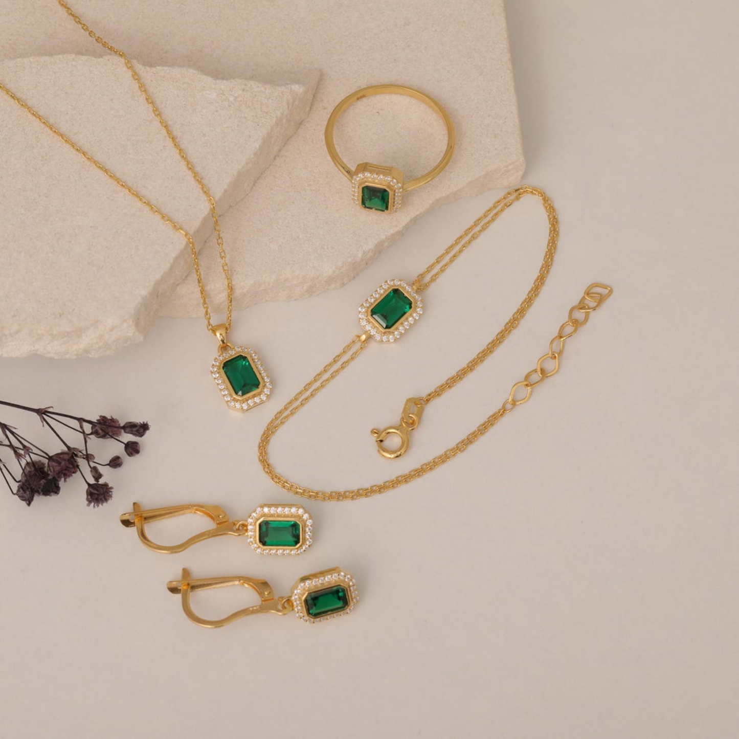 Rectangle Emerald Bezel Bracelet in 8K/10K/14K Solid Gold Surrounded with Real Diamonds, May Birthstone Jewelry