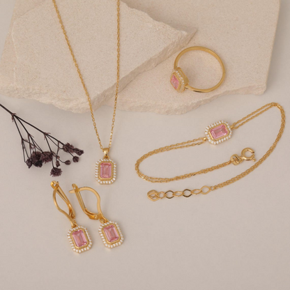 Rectangle Pink Tourmaline Bezel Dangle Earrings in 8K/10K/14K Solid Gold Surrounded with Real Diamonds, October Birthstone Jewelry