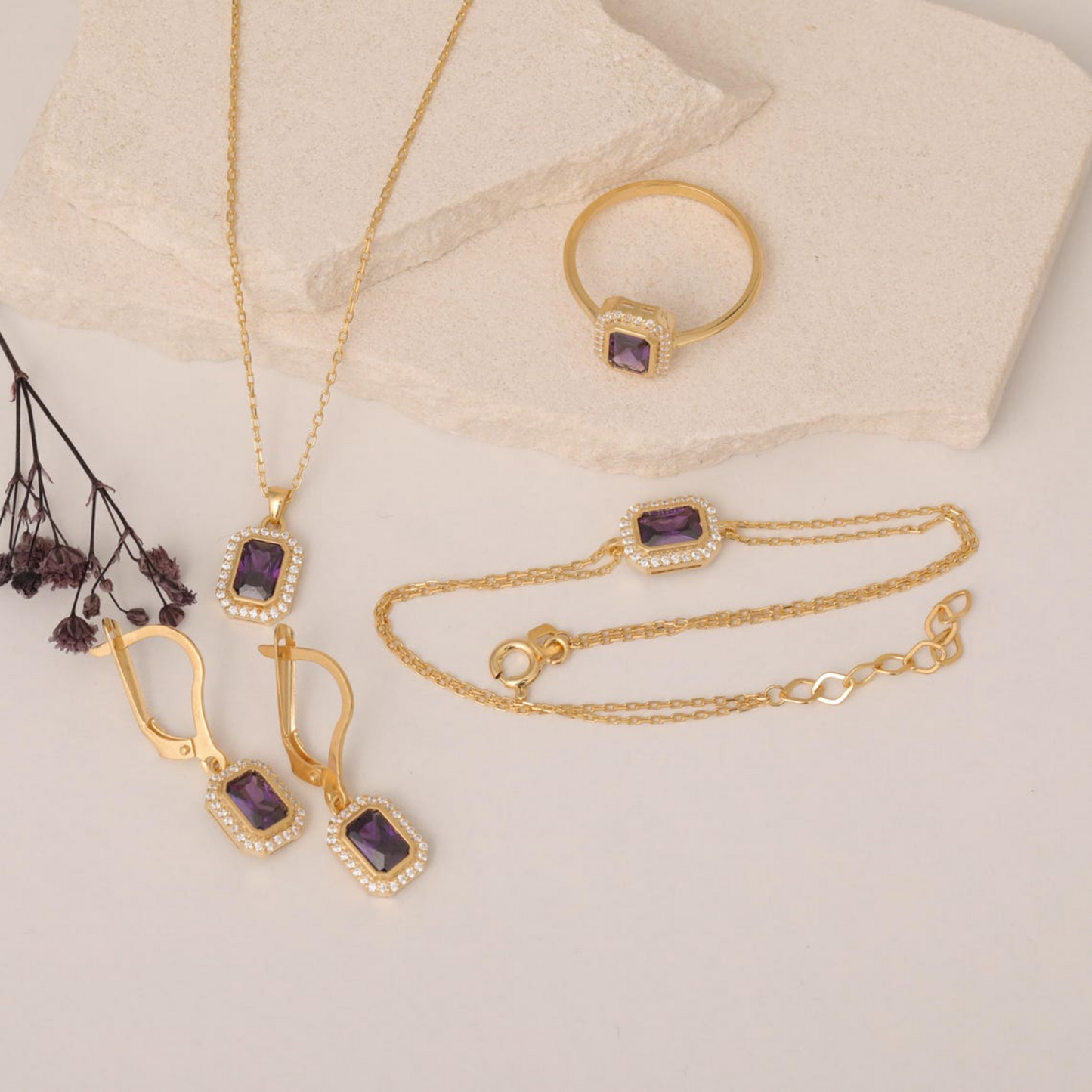 Rectangle Amethyst Bezel Stud Earrings in 10K/14K Solid Gold Surrounded with Real Diamonds, February Birthstone Jewelry