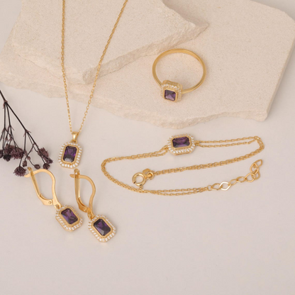 Rectangle Amethyst Bezel Stud Earrings in 10K/14K Solid Gold Surrounded with Real Diamonds, February Birthstone Jewelry