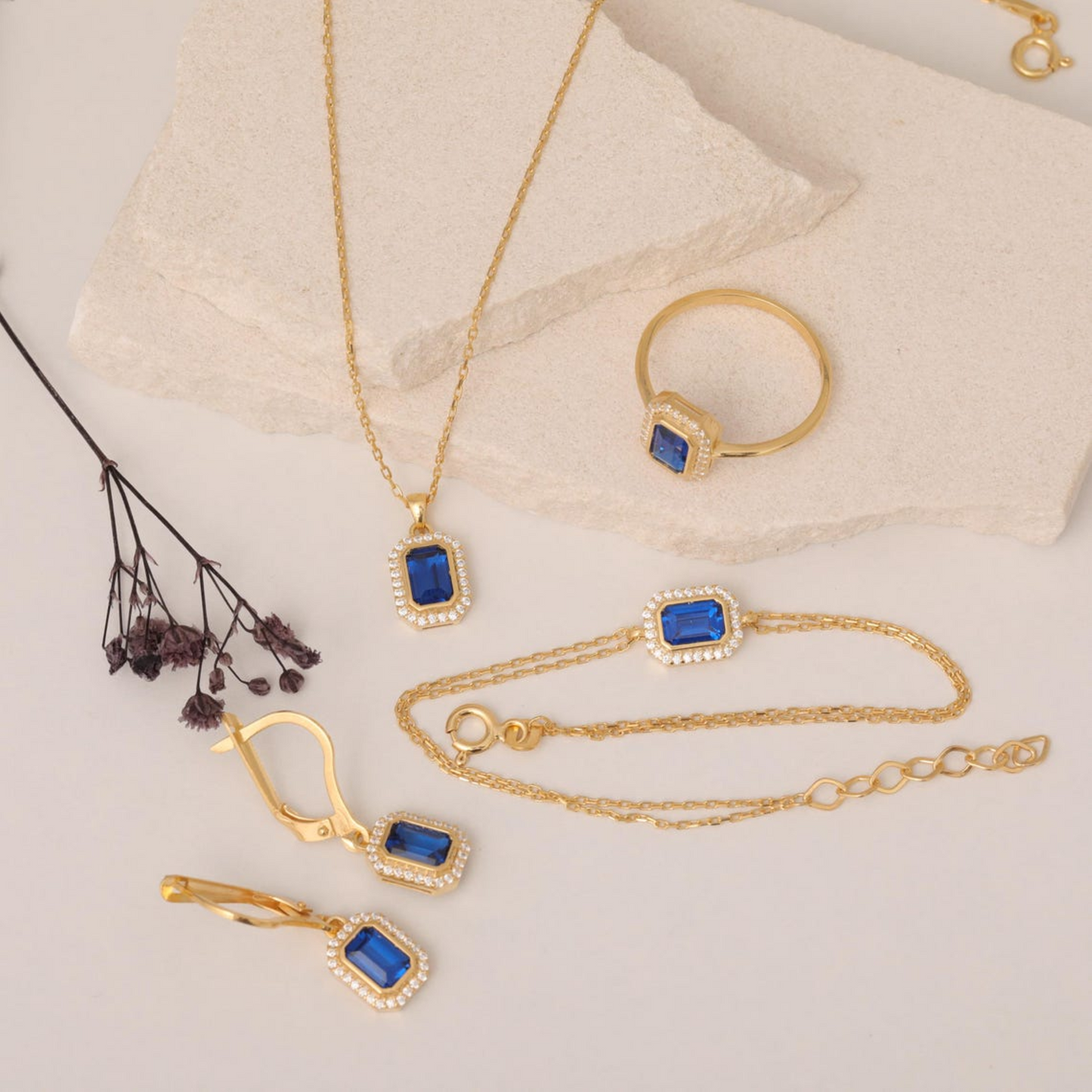Rectangle Sapphire Bezel Dangle Earrings in 8K/10K/14K Solid Gold Surrounded with Real Diamonds, September Birthstone Jewelry