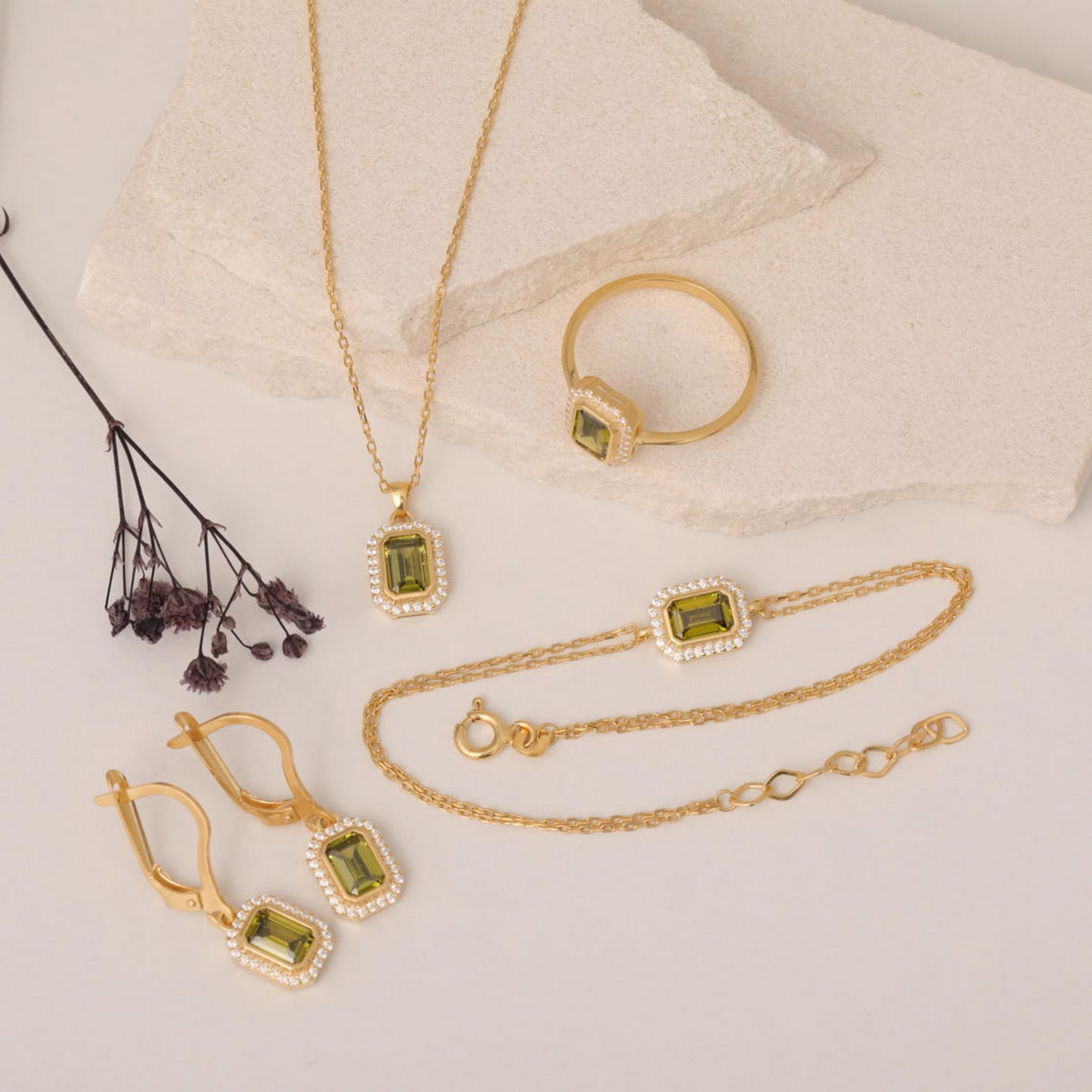 Rectangle Peridot Bezel Dangle Earrings in 8K/10K/14K Solid Gold Surrounded with Real Diamonds, August Birthstone Jewelry