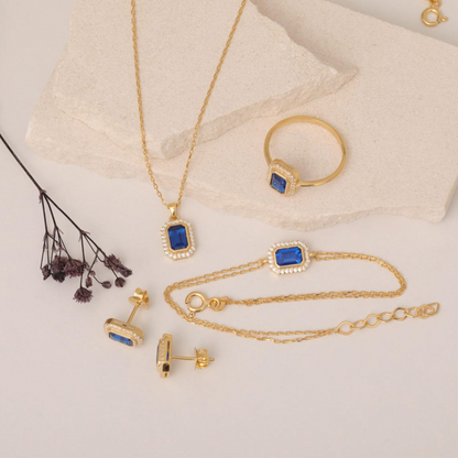 Rectangle Sapphire Bezel Dangle Earrings in 8K/10K/14K Solid Gold Surrounded with Real Diamonds, September Birthstone Jewelry